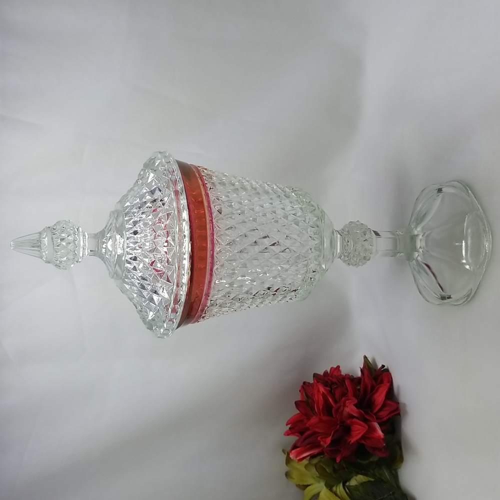 Indiana Diamond Point Ruby Flash Covered Urn Candy Dish